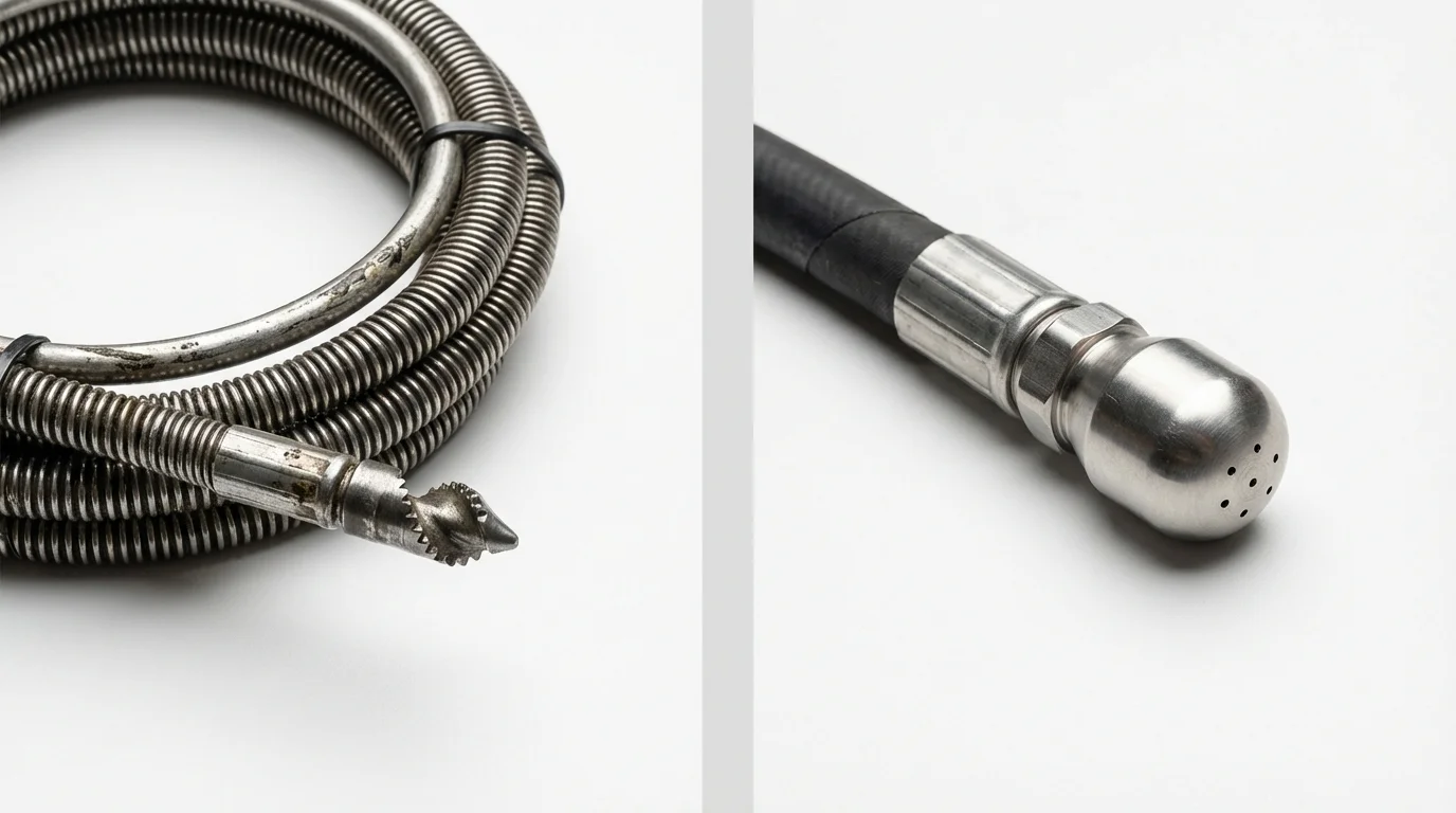 Drain snake cable and hydro jetting nozzle used for drain cleaning in Houghton, NY