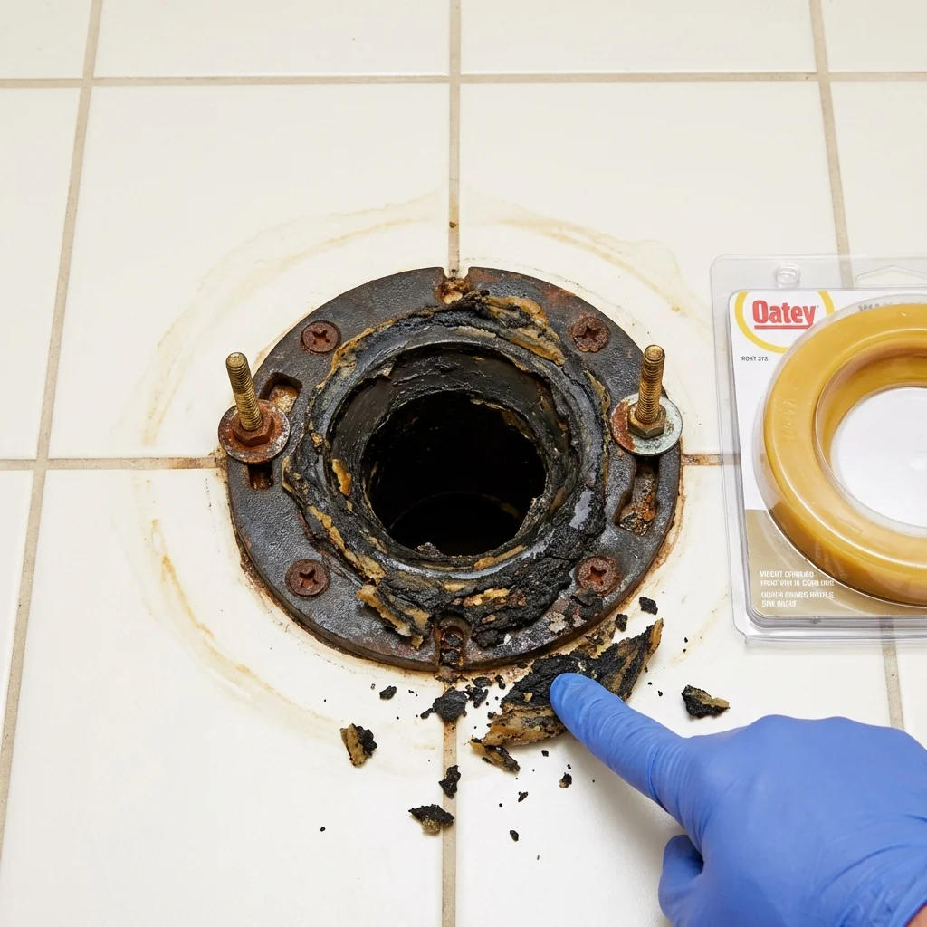 Failed wax ring showing water seepage at the base of a toilet in a Houghton, NY home