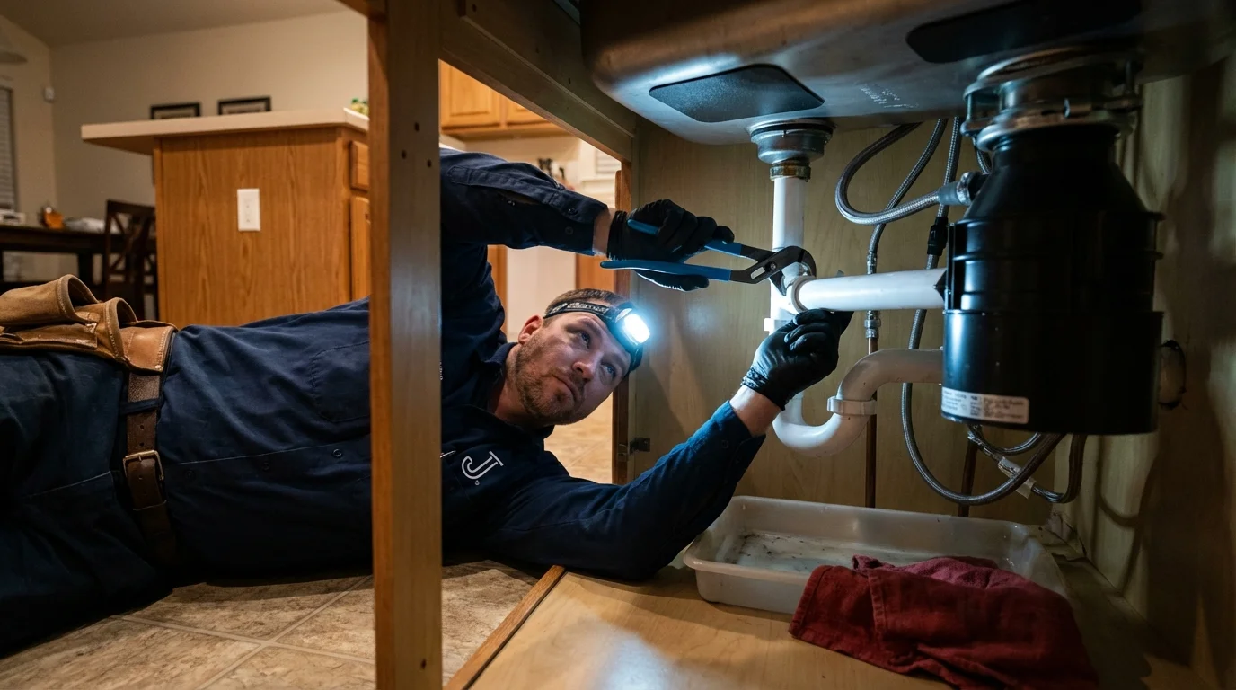 P-trap and supply line connections under a kitchen sink showing a common leak point in Houghton, NY